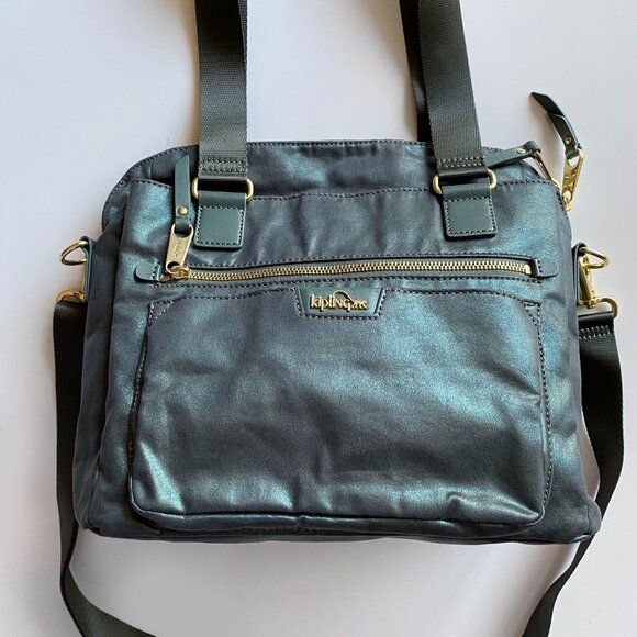 Kipling Dolan Metallic Green Nylon Convertible Crossbody Handbag Leather Trim - Picture 1 of 16